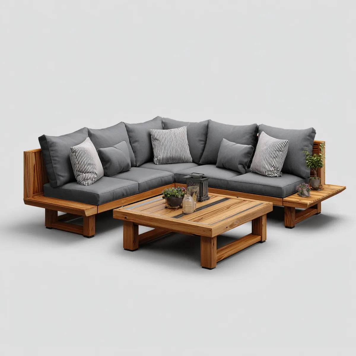 Sofa ogrodowa, Taras salon zestaw narożna kanapa kształt litery L naturalnego drewna ciemnoszary z litego drewna acacia i poliester 250 x 250 x 75 cm z stolikiem kawowym 120 x 70 x, 120 x 70 x 45 cm