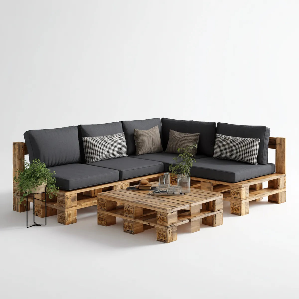 Sofa ogrodowa, Palety Lounge Zestaw narożna kanapa naturalna z ciemnoszarym poliestrowym poduszki 240 x 180 x 80 cm stolik do kawy 120 x 80 x 30 cm lite drewno kształt L
