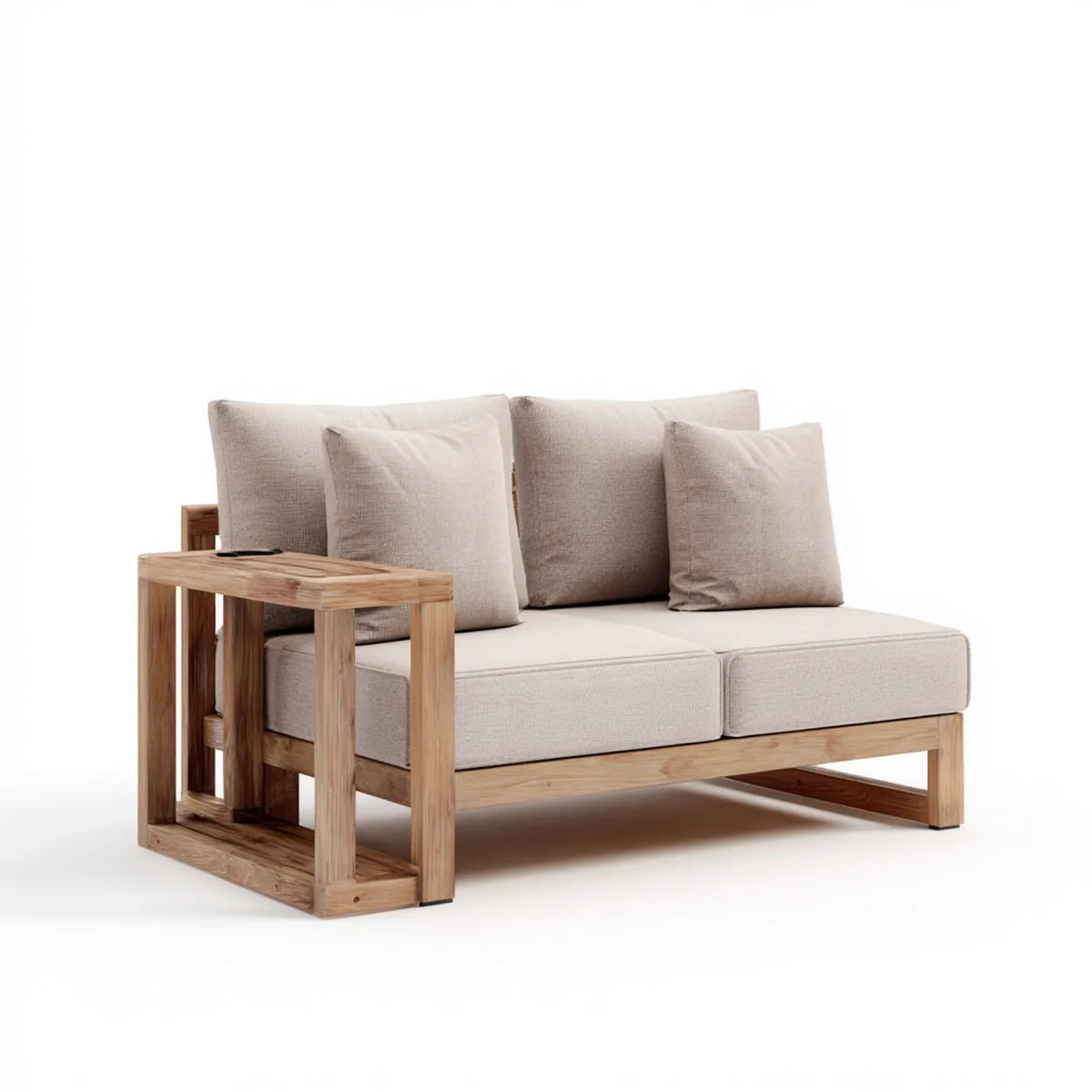 Sofa ogrodowa, Taras 2-osobowy sofa beżowa ze zintegrowanym stołem z tekiem stałym 160 x 80 x 75 cm